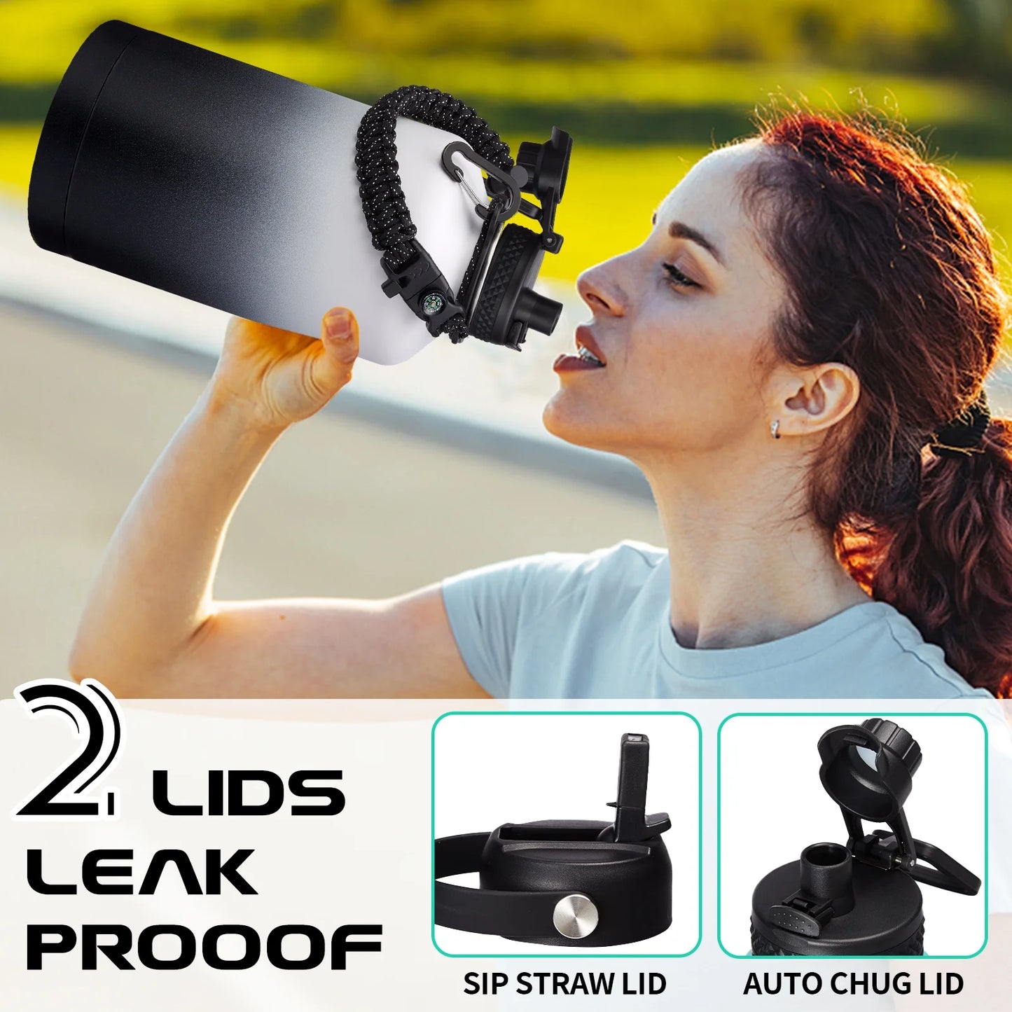 64OZ Stainless Steel Water Bottle with Paracord Handle, Bottle Carrier Strap, Straw & Spout Lid, Leak-Proof Large Sports Water Jug