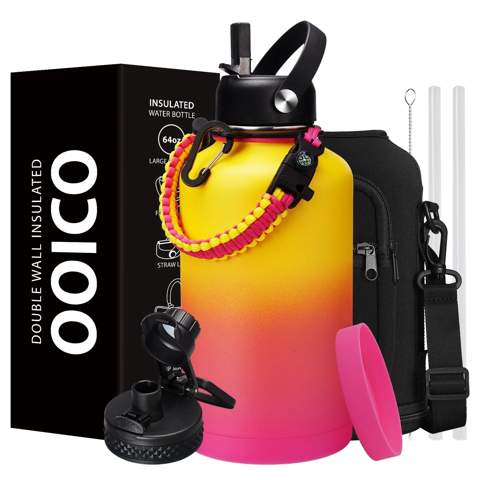 64Oz Water Bottle with Paracord Handle, Straw & Auto Spout Lids, Shoulder Carrier Bag & Protective Boot, Sweat-Proof Insulated Water Jug