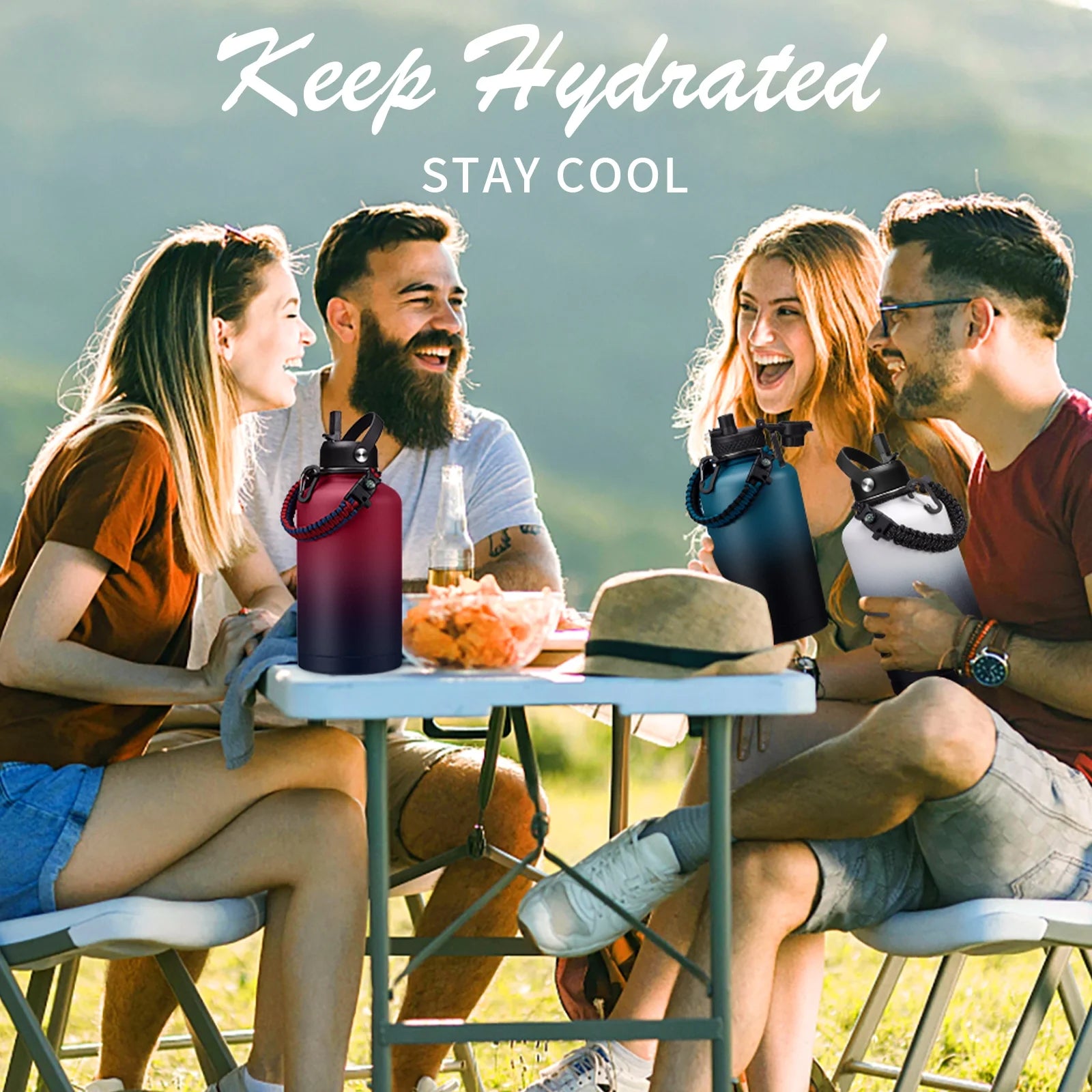 64OZ Stainless Steel Water Bottle with Paracord Handle, Bottle Carrier Strap, Straw & Spout Lid, Leak-Proof Large Sports Water Jug