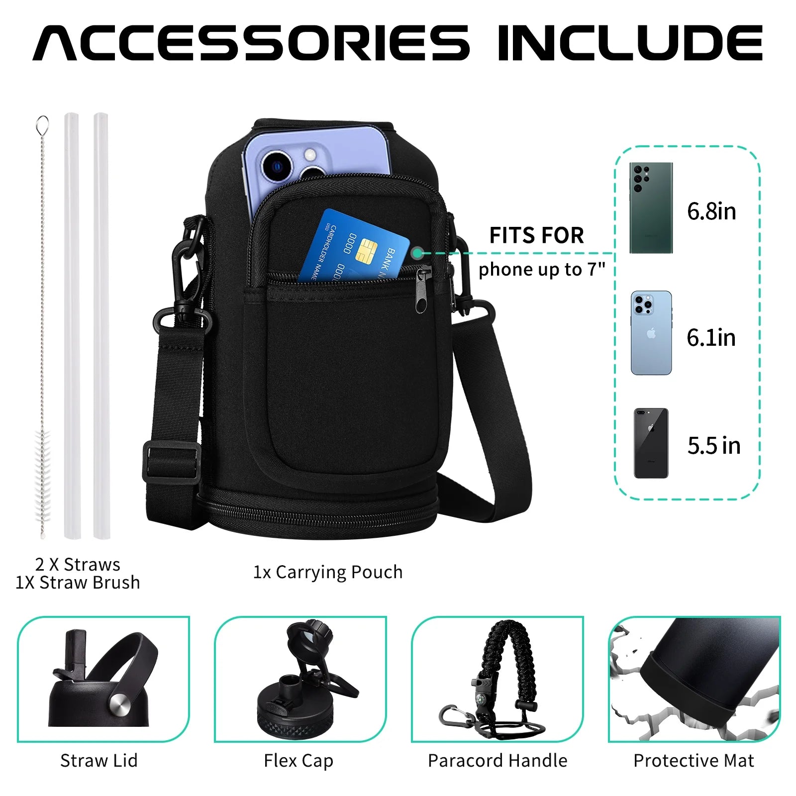 64OZ Stainless Steel Water Bottle with Paracord Handle, Bottle Carrier Strap, Straw & Spout Lid, Leak-Proof Large Sports Water Jug