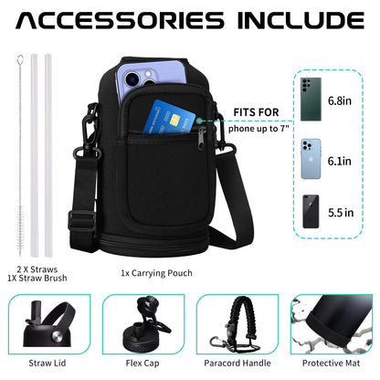 64OZ Stainless Steel Water Bottle with Paracord Handle, Bottle Carrier Strap, Straw & Spout Lid, Leak-Proof Large Sports Water Jug