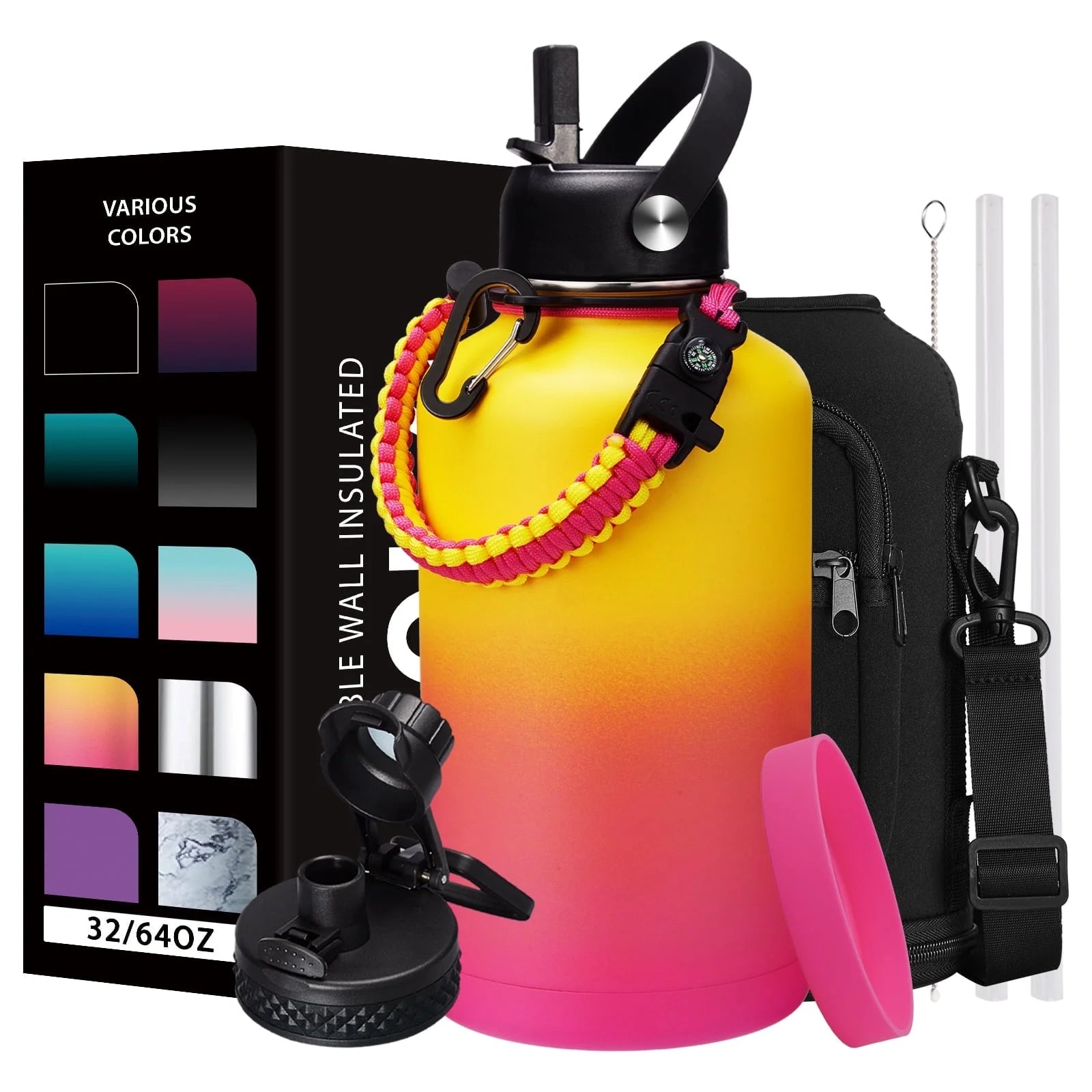 64Oz Water Bottle with Paracord Handle, Straw & Auto Spout Lids, Shoulder Carrier Bag & Protective Boot, Sweat-Proof Insulated Water Jug
