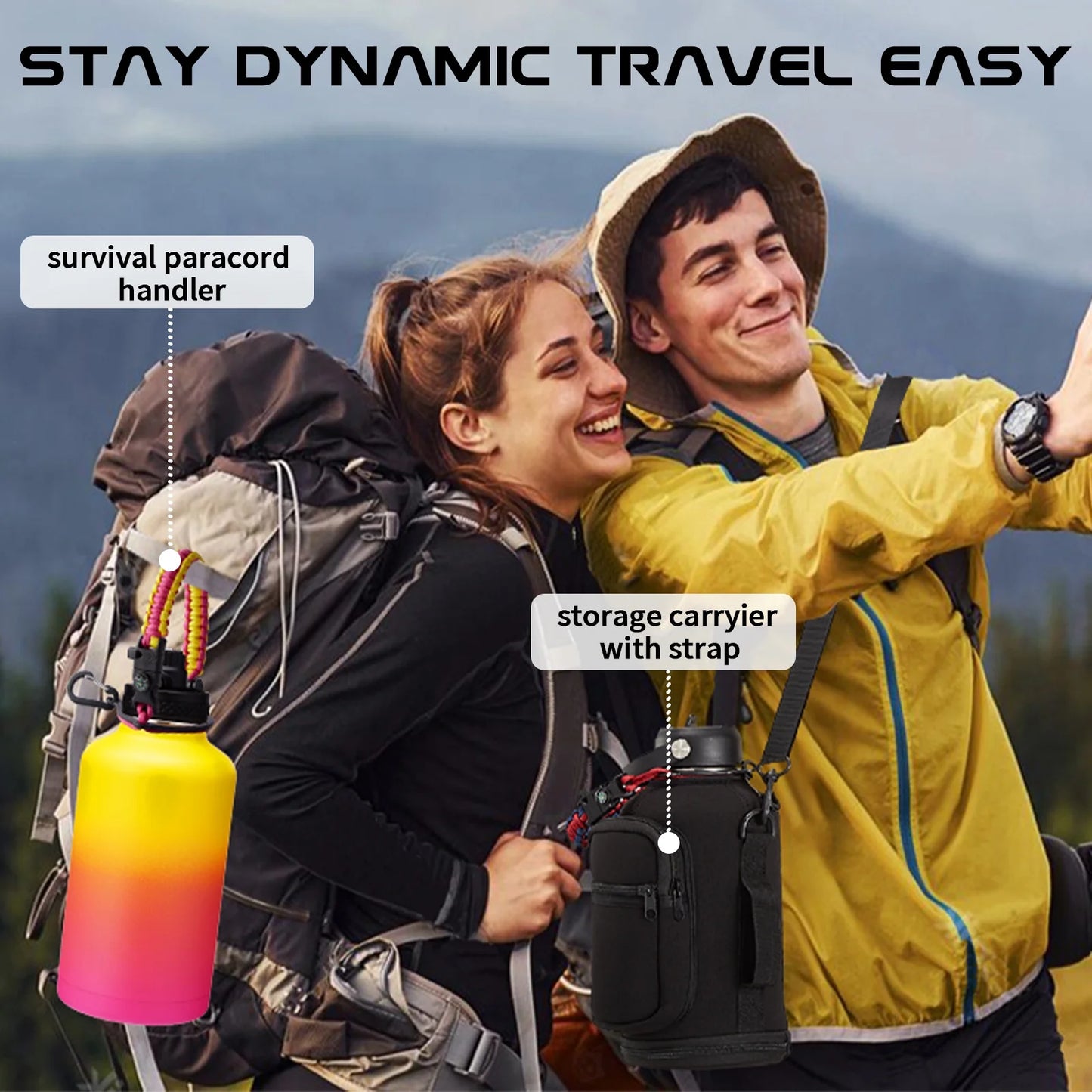 64Oz Water Bottle with Paracord Handle, Straw & Auto Spout Lids, Shoulder Carrier Bag & Protective Boot, Sweat-Proof Insulated Water Jug