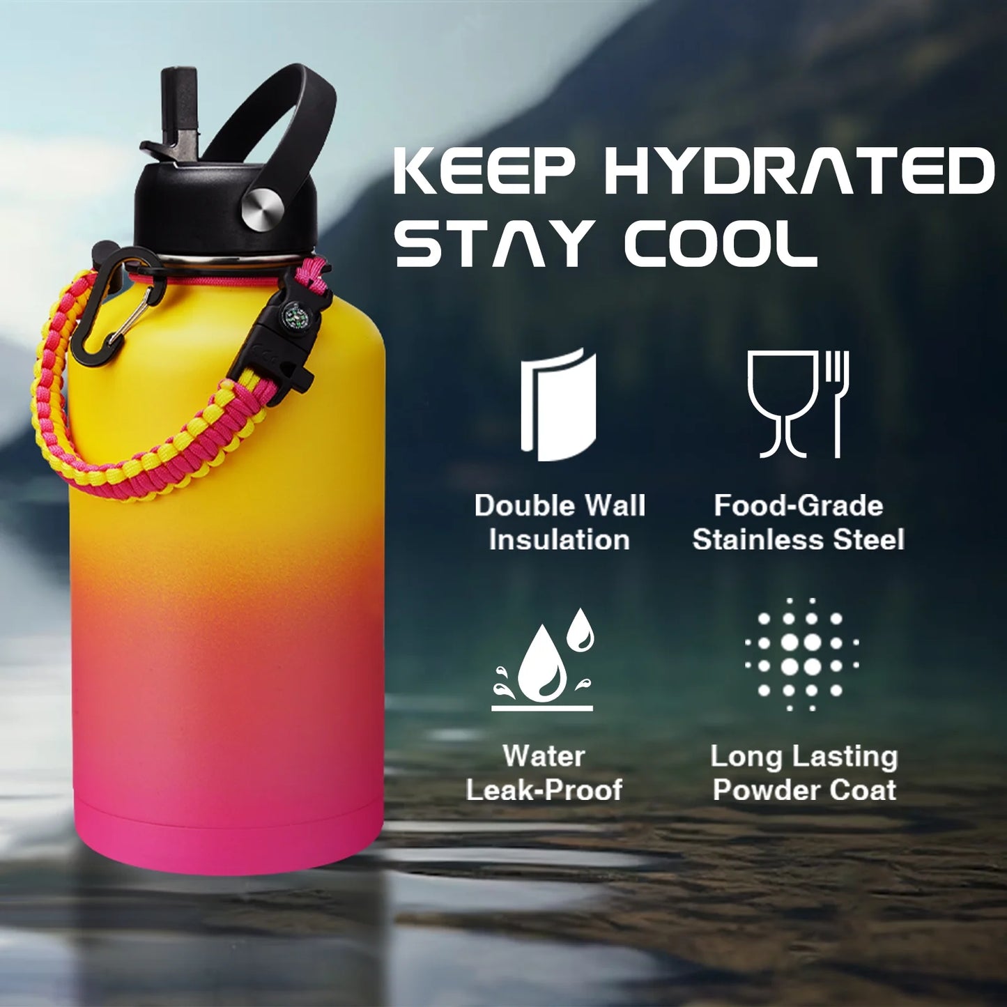 64Oz Water Bottle with Paracord Handle, Straw & Auto Spout Lids, Shoulder Carrier Bag & Protective Boot, Sweat-Proof Insulated Water Jug