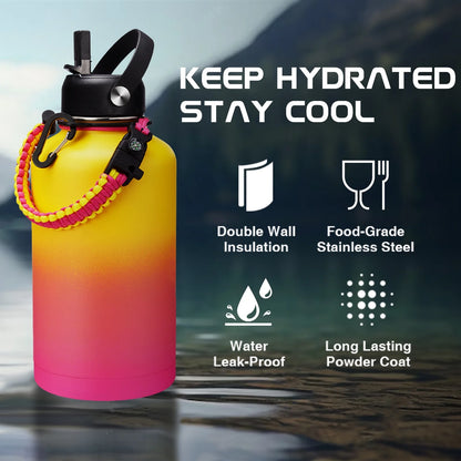 64Oz Water Bottle with Paracord Handle, Straw & Auto Spout Lids, Shoulder Carrier Bag & Protective Boot, Sweat-Proof Insulated Water Jug