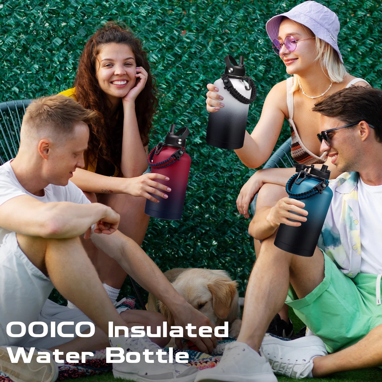 64OZ Stainless Steel Water Bottle with Paracord Handle, Bottle Carrier Strap, Straw & Spout Lid, Leak-Proof Large Sports Water Jug