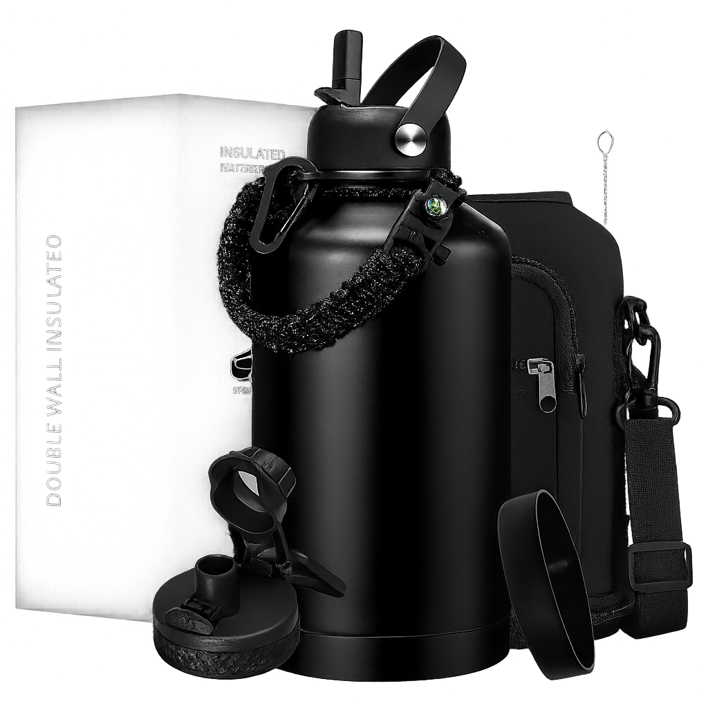 Insulated Water Bottle 64Oz - W/Paracord Handle, Straw & Spout Lids, Carrier Bag, Half Gallon Sport Stainless Steel Water Flask