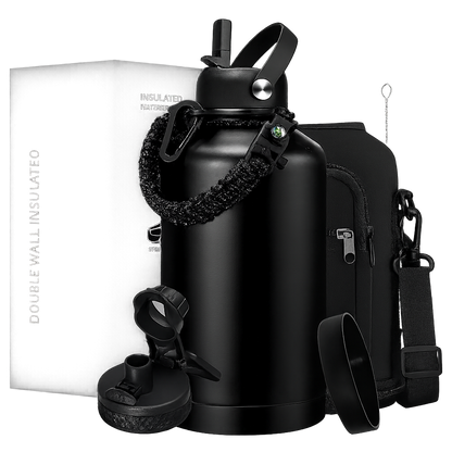 Insulated Water Bottle 64Oz - W/Paracord Handle, Straw & Spout Lids, Carrier Bag, Half Gallon Sport Stainless Steel Water Flask