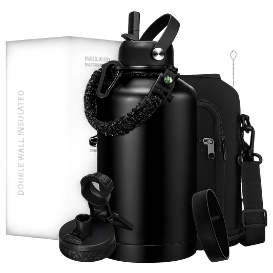 Insulated Water Bottle 64Oz - W/Paracord Handle, Straw & Spout Lids, Carrier Bag, Half Gallon Sport Stainless Steel Water Flask