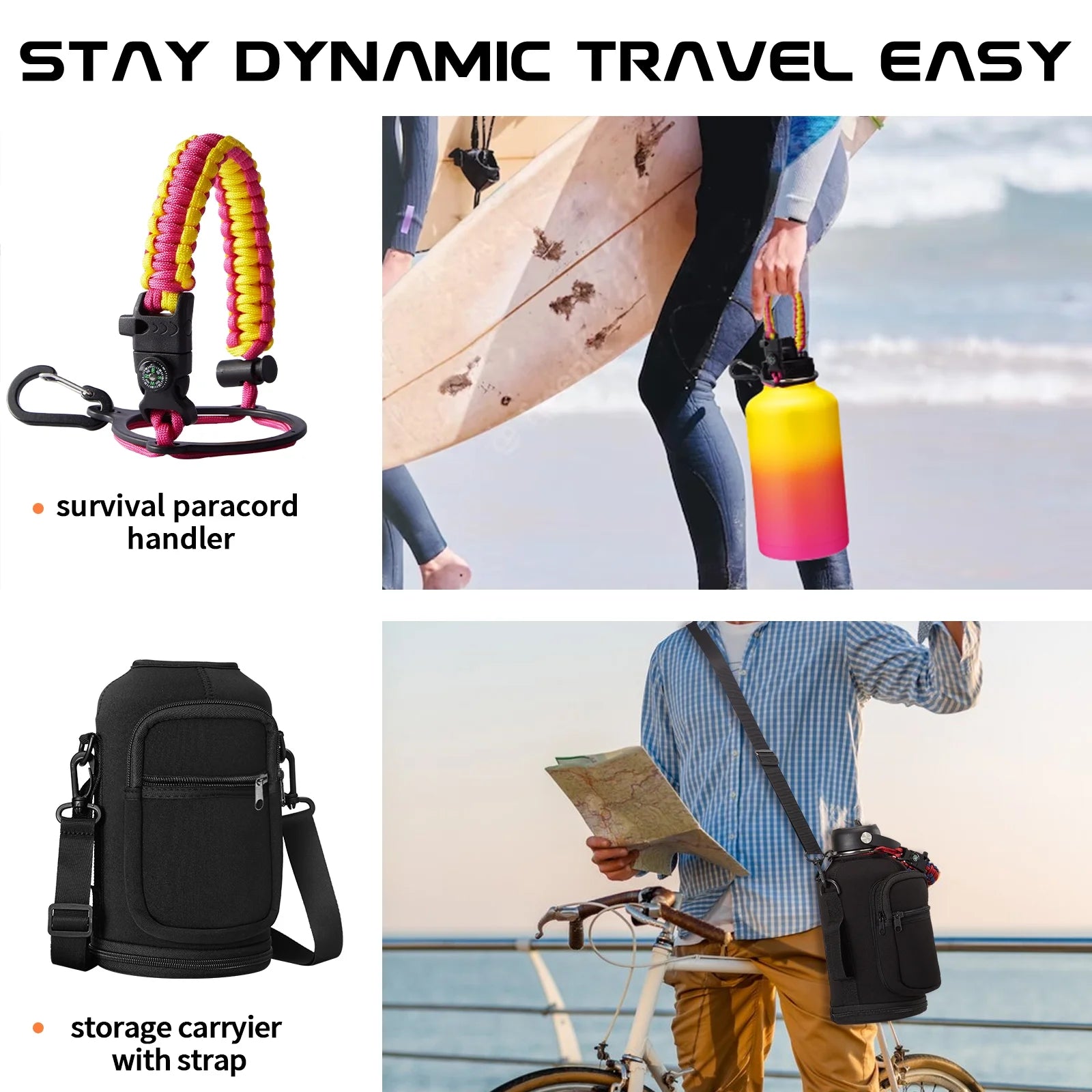 64Oz Water Bottle with Paracord Handle, Straw & Auto Spout Lids, Shoulder Carrier Bag & Protective Boot, Sweat-Proof Insulated Water Jug