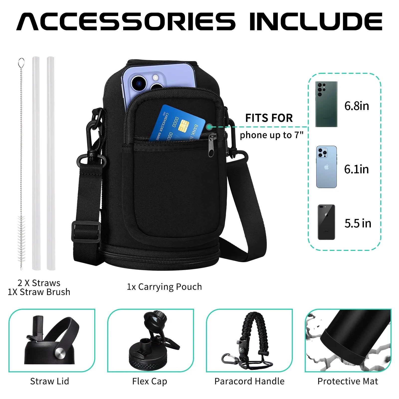 Insulated Water Bottle 64Oz - W/Paracord Handle, Straw & Spout Lids, Carrier Bag, Half Gallon Sport Stainless Steel Water Flask