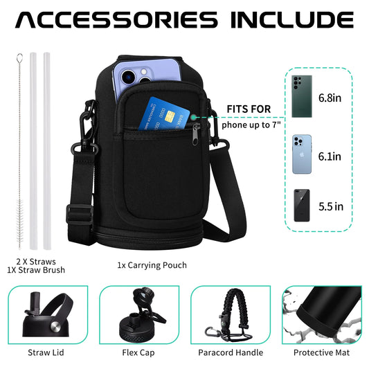 Insulated Water Bottle 64Oz - W/Paracord Handle, Straw & Spout Lids, Carrier Bag, Half Gallon Sport Stainless Steel Water Flask