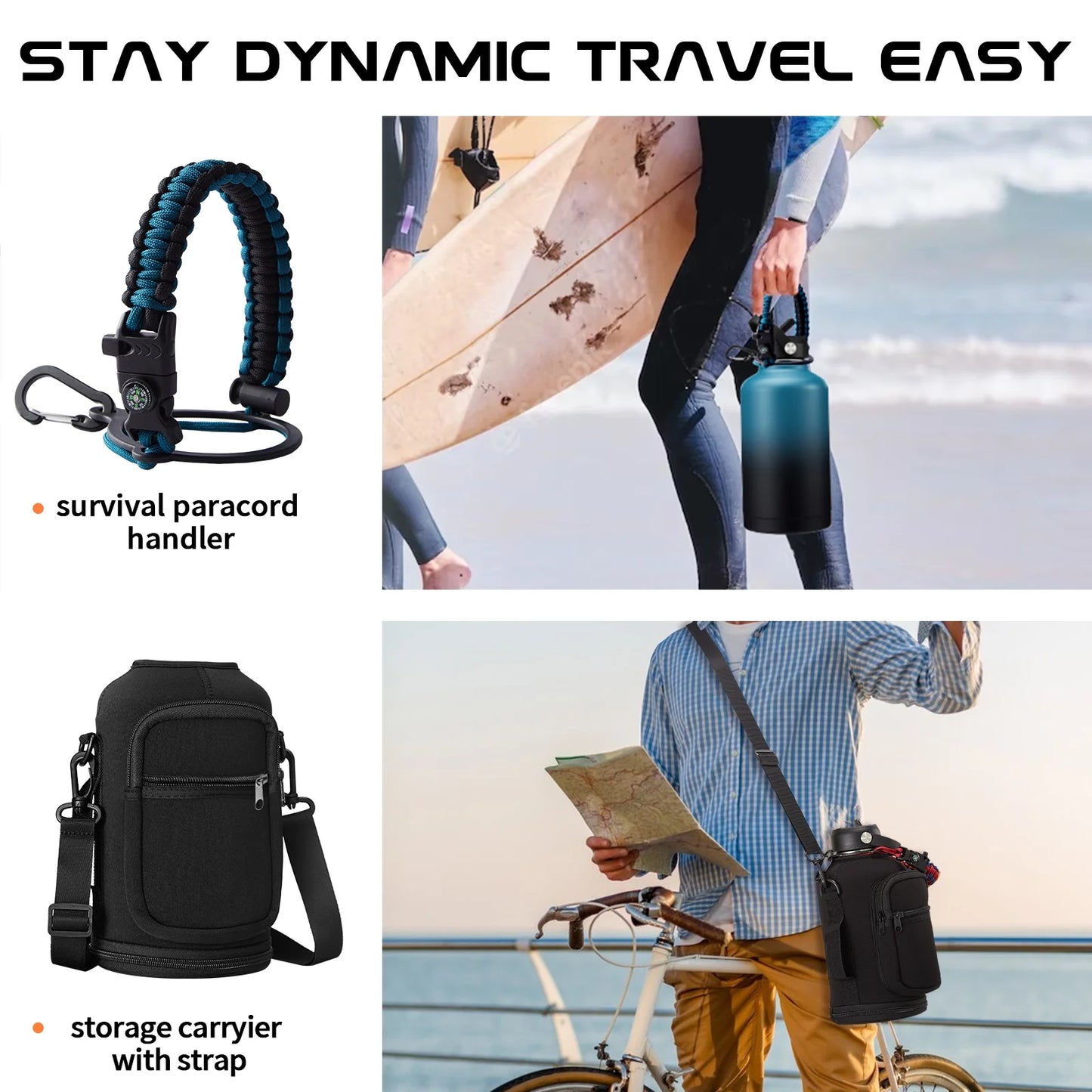 Insulated Water Bottle 64Oz - W/Paracord Handle, Straw & Spout Lids, Carrier Bag, Half Gallon Sport Stainless Steel Water Flask