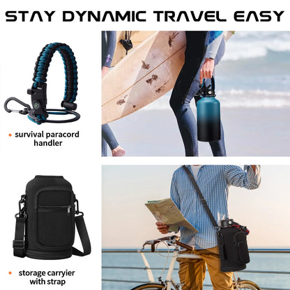 Insulated Water Bottle 64Oz - W/Paracord Handle, Straw & Spout Lids, Carrier Bag, Half Gallon Sport Stainless Steel Water Flask