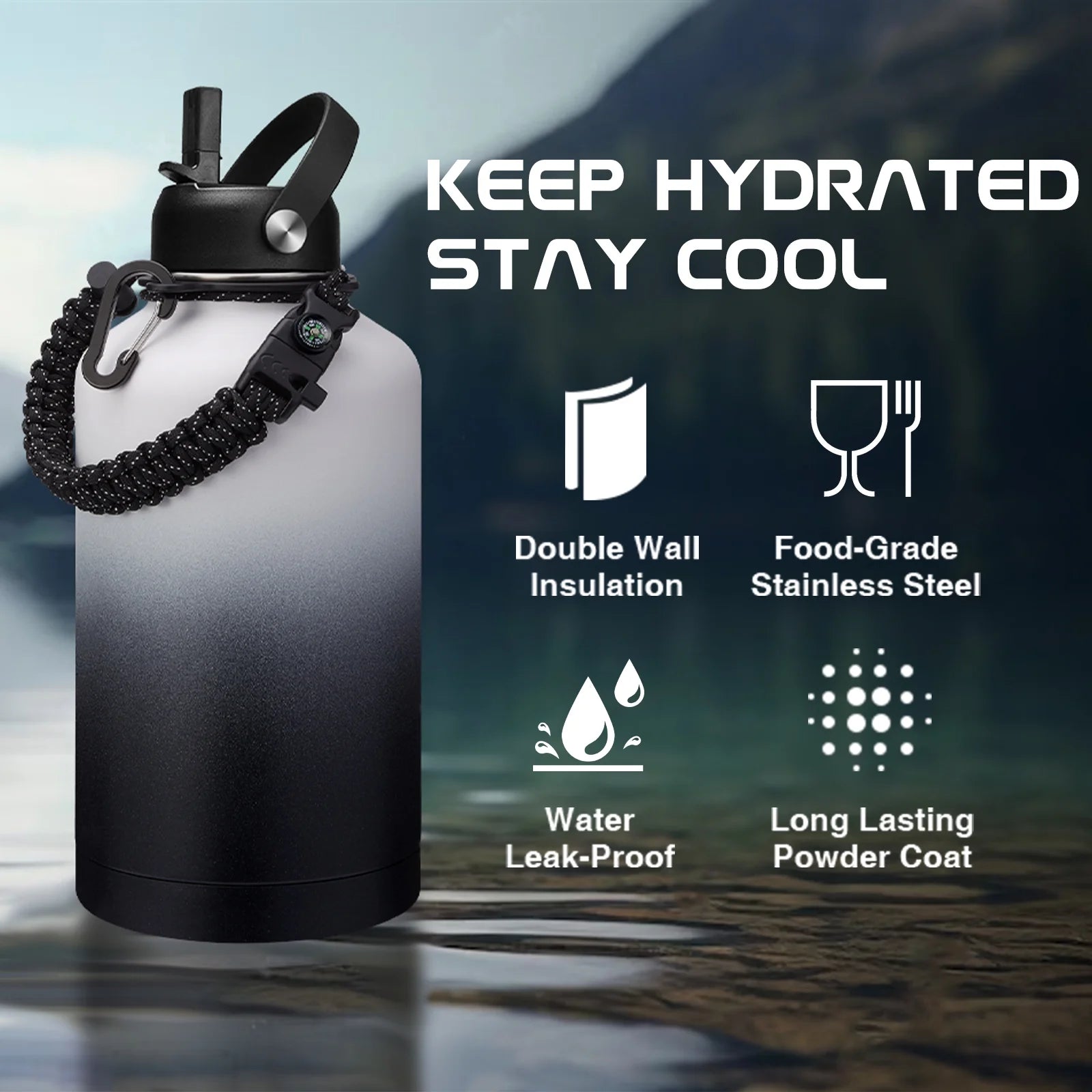 64OZ Stainless Steel Water Bottle with Paracord Handle, Bottle Carrier Strap, Straw & Spout Lid, Leak-Proof Large Sports Water Jug