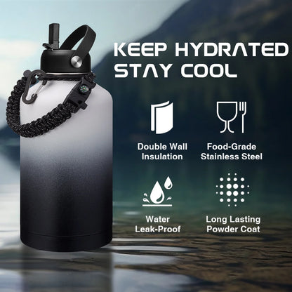 64OZ Stainless Steel Water Bottle with Paracord Handle, Bottle Carrier Strap, Straw & Spout Lid, Leak-Proof Large Sports Water Jug