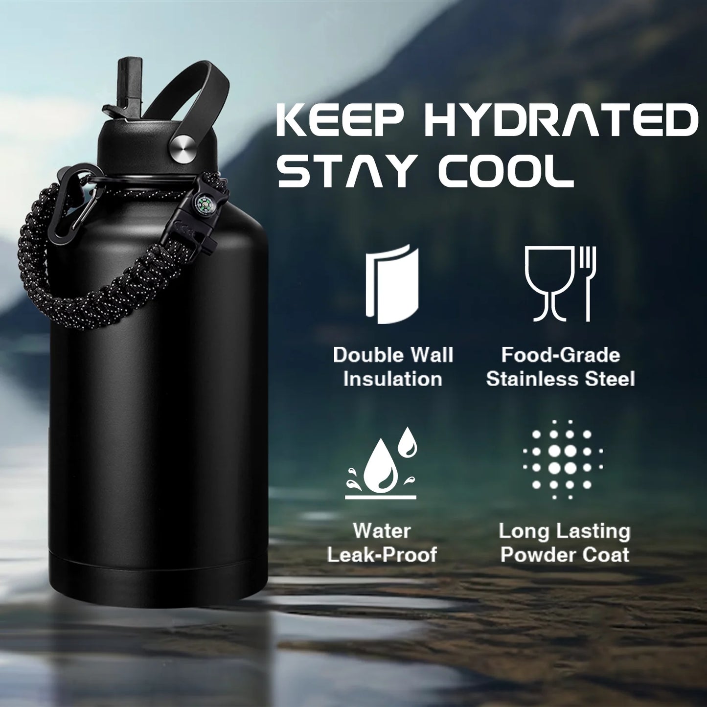 Insulated Water Bottle 64Oz - W/Paracord Handle, Straw & Spout Lids, Carrier Bag, Half Gallon Sport Stainless Steel Water Flask
