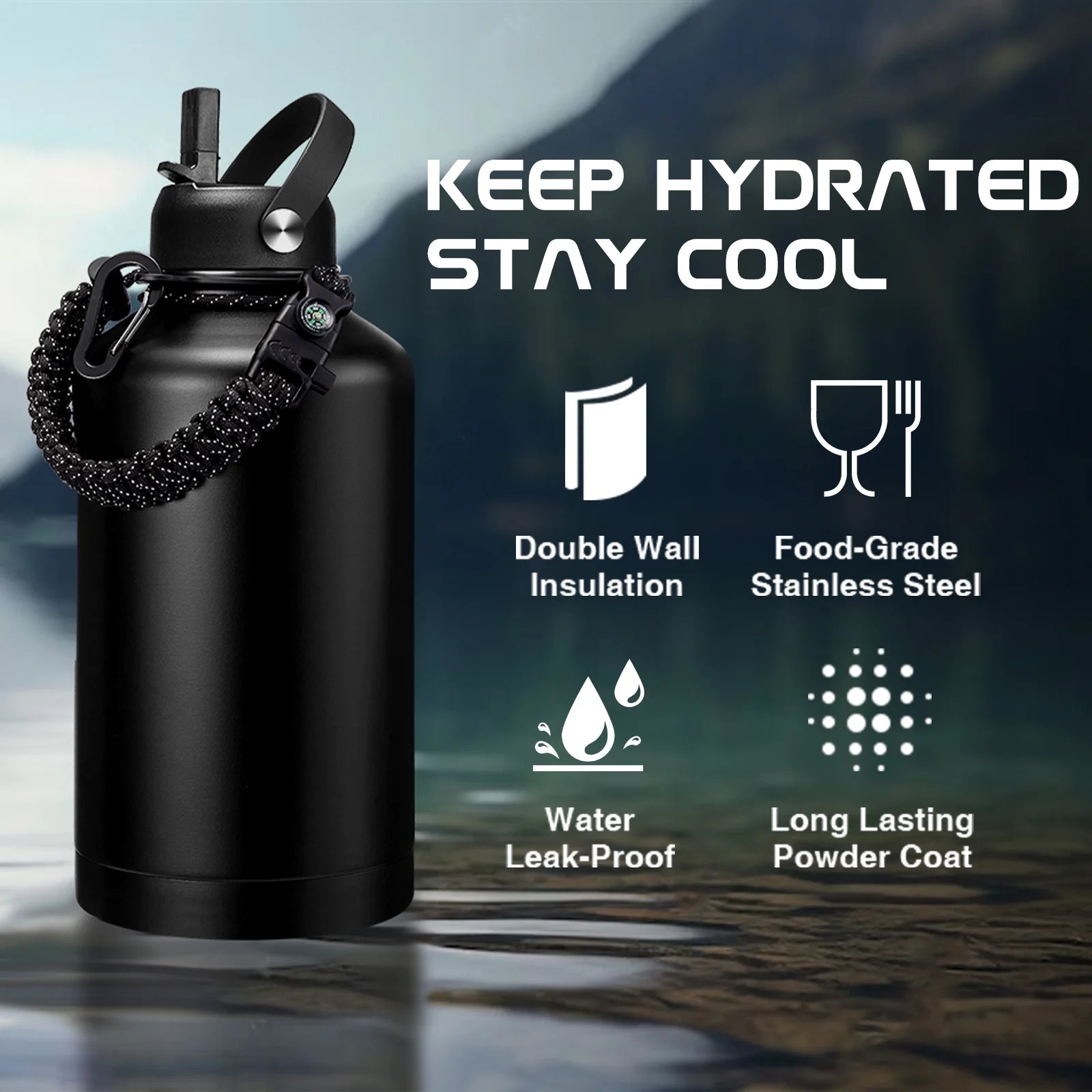 Insulated Water Bottle 64Oz - W/Paracord Handle, Straw & Spout Lids, Carrier Bag, Half Gallon Sport Stainless Steel Water Flask